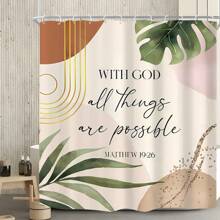 1pc Letter & Leaf Print Farmhouse Style Polyester Fabric Shower Curtain, Suitable For Bathroom Partition Home Decor, Comes With 12pcs Hooks Back To School