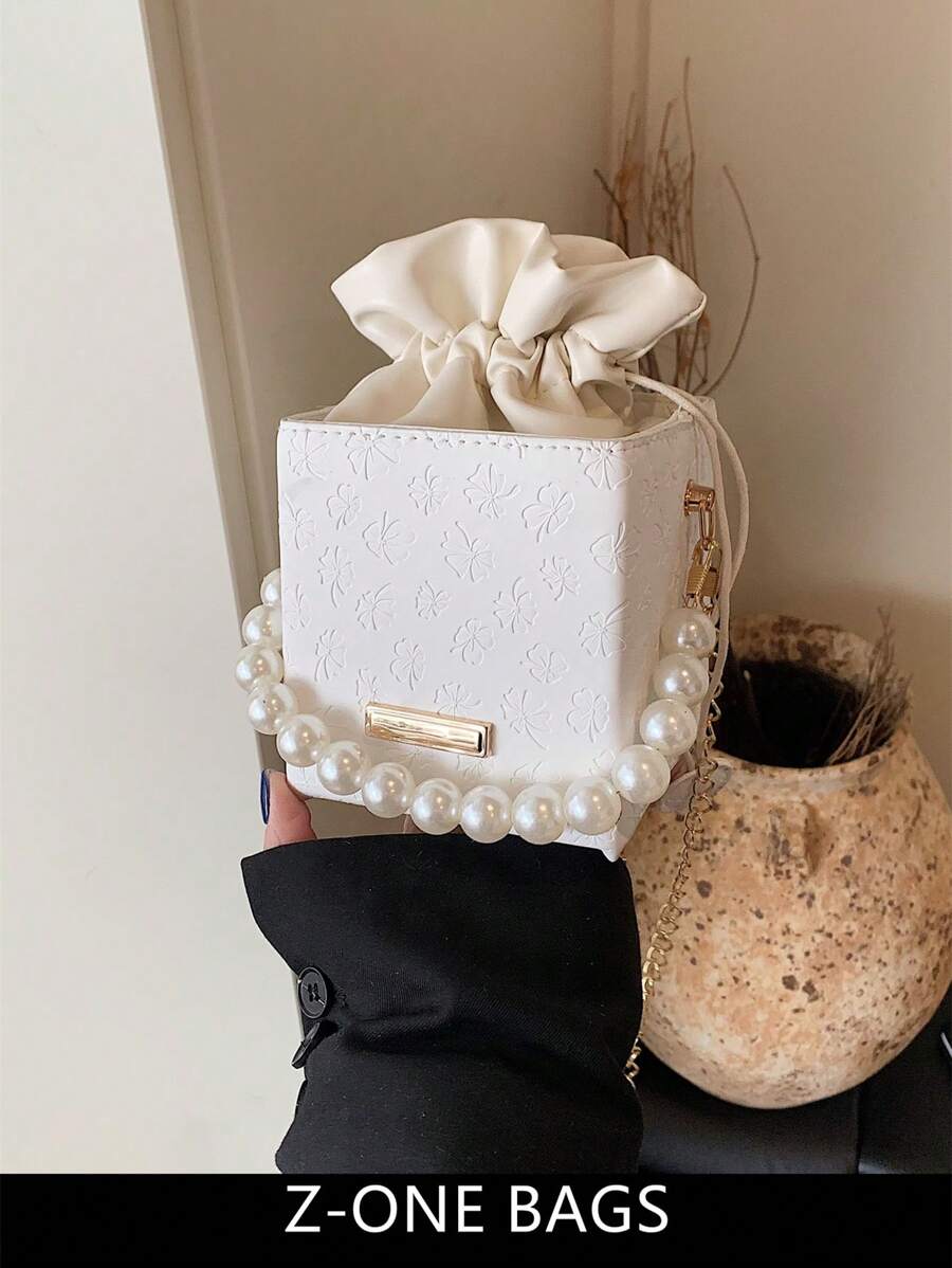 1 buah Tas Selempang Mini dengan Hiasan Rantai Mutiara untuk Kacamata Baca, Tas Serut PU, Modis untuk Penggunaan Sehari-hari Wanita, Tas Mutiara Elegan - Putih - View 1