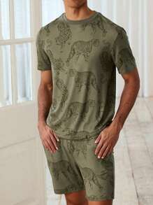 Men's Lightweight Summer Tiger Print Short Sleeve & Shorts Pajama Set, Stylish Home Wear - Army Green - View 3