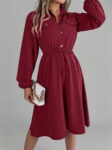 Autumn Lapel Collar Shirt Dress Tie-Waist With Mock Pockets Ruffle Trim Long Sleeve Solid Color Casual Elegance - 酒紅色 - 查看 3