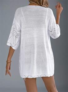 女士夏季新款镂空短袖针织开衫，度假沙滩轻薄外套 白色 - 白色 - 查看 2