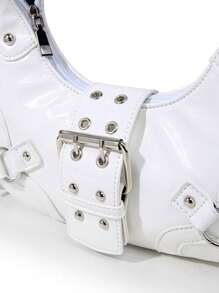 Damska torba na ramię w stylu koreańskim, biała, ze skóry PU, punkrockowo-gotycka metalowa klamra, odpowiednia dla studentów, dojazdów do pracy, prezentów na Halloween