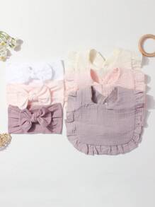 3pcs Solid Color Nylon Oversized Bow Baby Crease-Free Hairbands + 3pcs Cute Baby Bibs Set, Suitable For Daily Wear - Multicolor - View 1