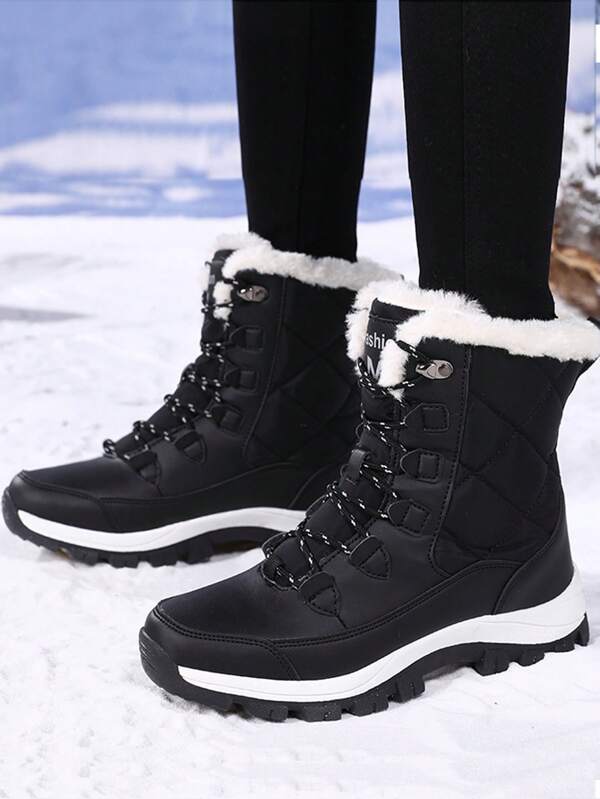 1 双女式白色高帮雪地靴，2025 冬季新款户外高帮雪地靴，女式保暖内衬加厚保暖防水防滑雪地靴，适合滑雪、旅行，黑色