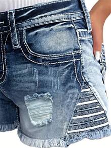 Women's Ripped Denim Shorts, Star-Embroidered Stretch Jeans, Summer Casual Women's Shorts For The Bottom Wear - Màu xanh lam - Xem 5