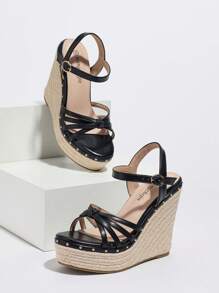 Women's Thick Sole Wedge High Heel Casual Fashionable Comfortable Rhinestone Trim Slide Sandals