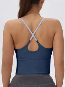 Top deportivo de tirantes anchos con almohadilla fija, camisola de yoga elástica con bloques de color para mujer - Azul Marino - Ver 4
