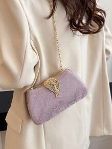 闪光手拿包，优质链条肩带和斜挎晚宴包，适合派对礼服，叶形锁金属细节，高端正式手提包，适合日常使用 - 紫色 - 查看 4