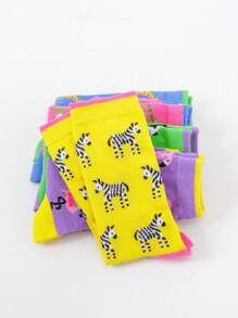 5 pares/sets de calcetines de tripulación de otoño con divertidos patrones de flamencos, jirafas, cebras, perezosos y pandas, adecuados para uso en el hogar, salidas y oficina - Multicolor - Ver 6