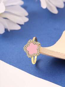 1pc Simple 5-Petal Cubic Zirconia Women's Open Ring, Fashion Versatile Gift For Date, Birthday, Everyday Wear - Pink - View 3