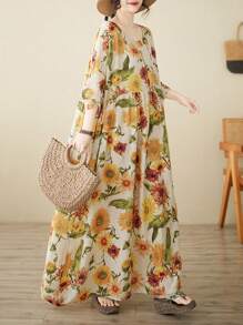 Chinese Spring Festival, 2026 Top, Women's Dress, Sunflower Print Skirt, Top, Daily Dress, Women's Plus-Size, Summer New Bohemian Leisure Vacation Elegant Beach Wear, Crew-Neck Print Loose Mother Dress,