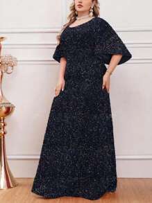 Plus Elegant Sequin Dress With Round Neck And Half Sleeves For Evening Parties, Sequin Formal Dress, Party Dress, Wedding Guest Dress, For Cocktail