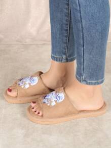 Zapatillas abiertas de dedo para mujer para primavera, verano, otoño e invierno, con espuma de memoria, de felpa suave jaspeada, deslizantes para interiores y dormitorio con estampado de dibujos animados lindos