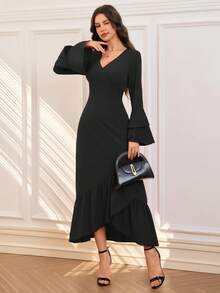 Vestido feminino com decote em V e babados na bainha com mangas compridas, vestido elegante de cintura alta, nova chegada primavera/verão - Preto - Ver 7
