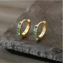 1 对铜镶嵌绿色锆石环形耳环，独特嘻哈风格闪光圆形耳环，礼物创意