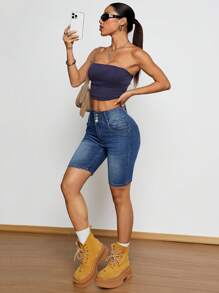 Calça Capri Denim Casual Feminina de Cintura Elástica com Bolsos, Adequada para Uso Diário