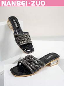 NANBEI ZUO NANBEI.ZUO Plus Size Women's Black Square Toe Hollow-Out Sparkling Rhinestone Decor Mid-High Heel Sandals, Fashion Minimalist Stylish High Quality Versatile Street Chic European And American Style Slip-On Comfortable Breathable Sandals For Commuting, Indoor, Outdoor, Party, Date, Holiday