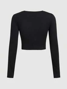 女士休闲纯色圆领修身长袖 T 恤，春夏 - 黑色 - 查看 5