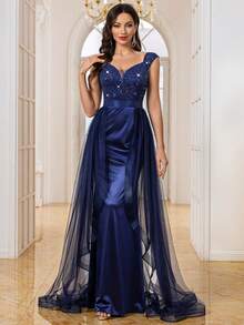 MIUSOL Sequin Floral Lace Sweetheart Neck Contrast Satin Ruffle Trim Mesh Hem Evening Party Maxi Dress, Demure Slim Dinner Dress, Formal Evening Gown, For Wedding Guest, Graduation, Dinner - Navy Blue - View 5