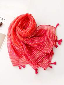 1pc Women's Boho Geometric Print Balinese Gauze Tassel Long Scarf, New Vintage Soft Breathable Scarf For Spring Summer, Sun Protection Shawl, Casual Outdoor Travel Beach Gift - Multicolor - View 3