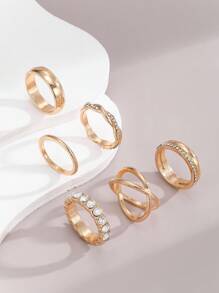 6 件金色百搭戒指，奢华水钻装饰指环，女士珠宝 - 金黃色 - 查看 3