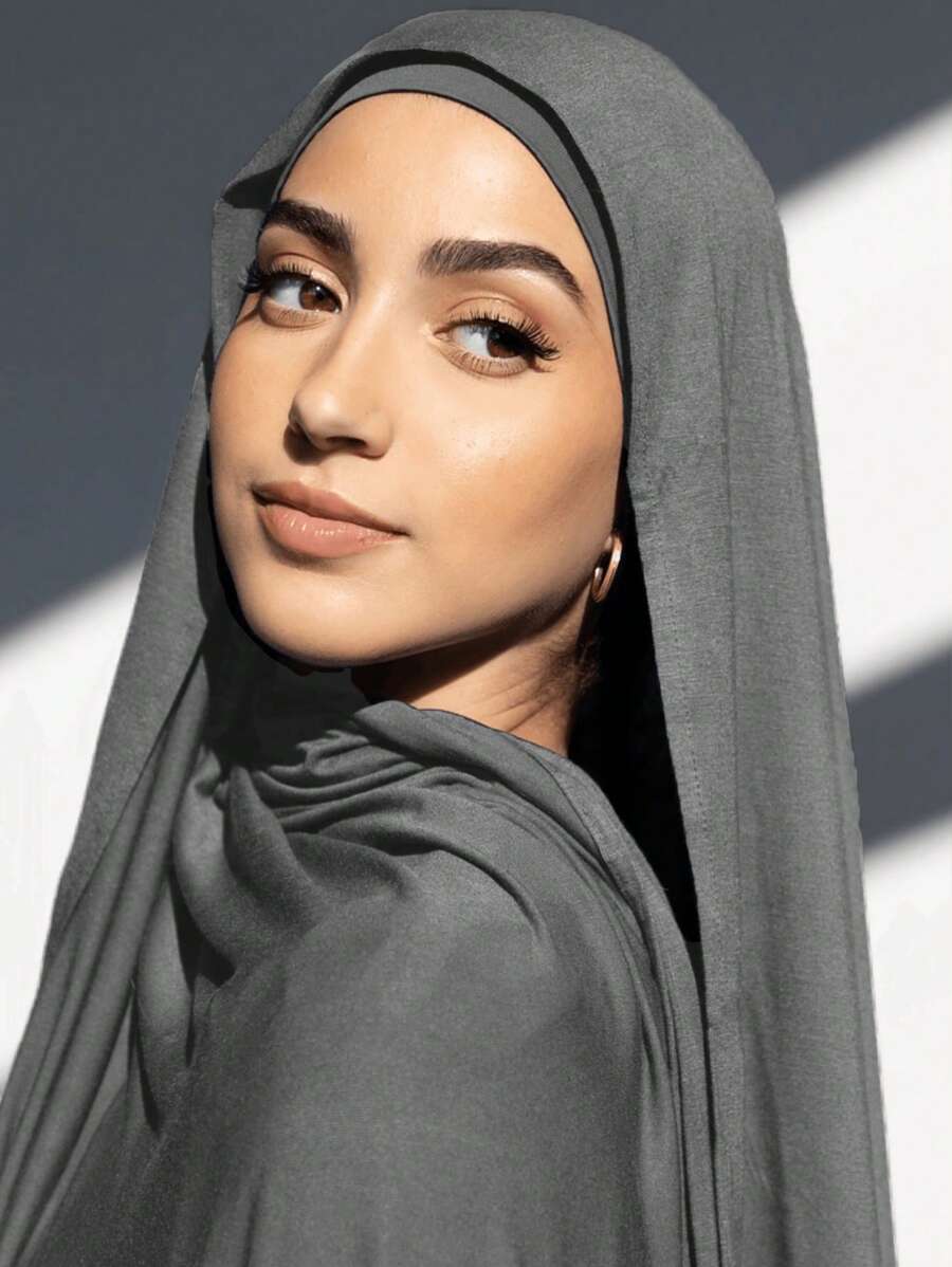 2pcs Set: Jersey Matching Hijab & Undercap Set, Solid Color, Soft Breathable Modal Fabric - 1pc Tube Style Hijab Cap + 1pc Lightweight Modal Scarf, Suitable For Modest Daily Use - Dark Grey - View 1