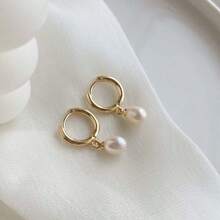 Pearl Earrings For Women, Dainty Gold Earrings 14K Gold Plated Pearl Drop Earrings Cute Pearl Hoop Earrings Hypoallergenic Dangle Pearl Earrings For Women Wedding Earrings For Brides - Gold 2 - View 6