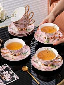 1 Set Of 6 Cups, 6 Plates, 6 Spoons (With Magpie Bird Spoons, Gold Cup Holder) & 1 Cup, 1 Plate, 1 Spoon Ceramic Tea Set, Trimmed With Gold Edges, Featured With Elegant Auspicious Bird Design, Suitable For Coffee, Dessert Plates, Vintage Afternoon Tea, Creative Minimalist Afternoon Tea Cup