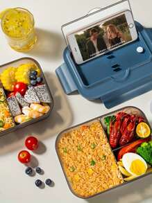 1pc Solid Color Rectangular Compartment Bento Lunch Box With Lid, Reusable Plastic Material Microwave Friendly, Suitable For Students, Office Workers, Travel, Picnics, Parties, Outdoor Activities, Camping, Home Kitchen,School Supplies - Multicolor - View 3