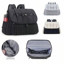 Black Quilted Backpack Diaper Bag, Large Capacity Fashion Shoulder Handbag, Waterproof Travel Mommy Bag With Insulated Pocket