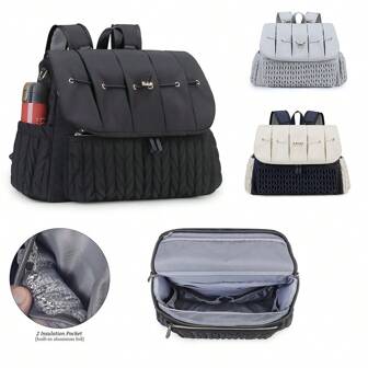 Black Quilted Backpack Diaper Bag, Large Capacity Fashion Shoulder Handbag, Waterproof Thermal Insulation Diaper Bag For Outdoor Travel
