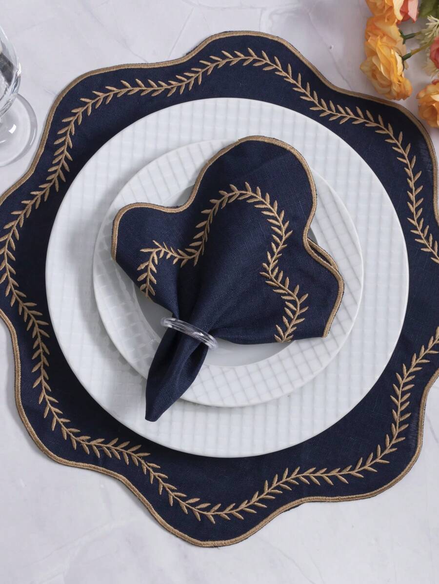 8-Piece American Game Kit With 4 Embroidered Sousplat (40cm X 40cm) And 4 Napkins (35cm X 35cm) Table Setting Set - Paris Blue Gold - View 1