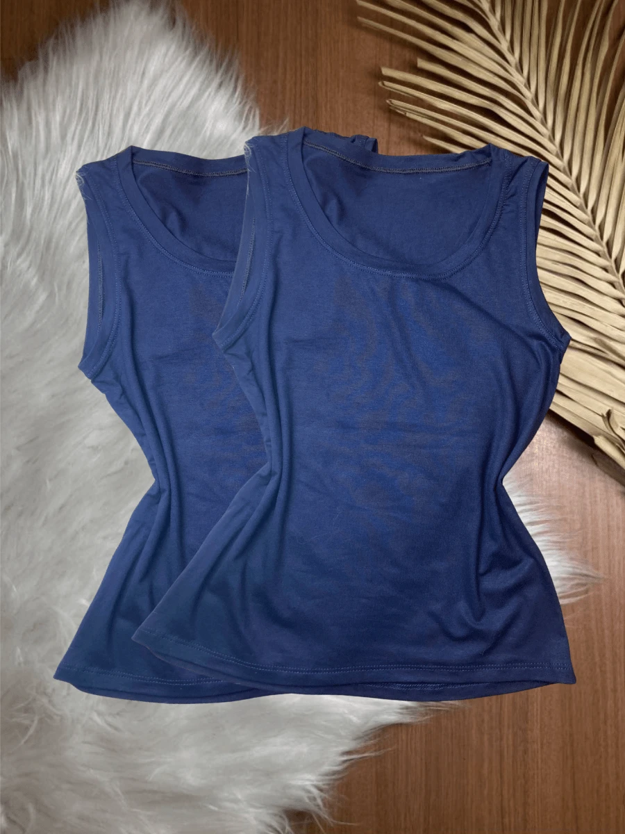 Kit With 2 Women's Tank Tops In Plain Vicolycra Mesh, Closed, Thick Straps On - 2 海軍藍 - 查看 1