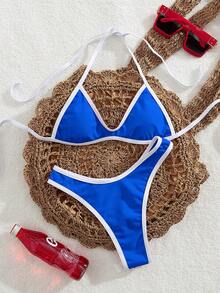 PEPPERMOLLY New Soft Solid Color Halter Tie-Up Sexy Bandage Bikini, Women's Summer Beach Fashion Swimsuits - Blue - View 1