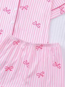 2-delige set jonge meisjes korte mouw top & shorts pyjama voor de zomer, lichtgewicht stijl met streep & strik print patroon, casual nachtkleding huiskleding