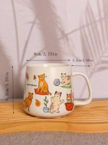 1 pieza Taza cerámica con forma de gato linda y práctica para el hogar y la oficina, patrón aleatorio, para café o leche, de vuelta a la escuela - Blanco - Ver 9