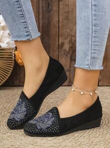 Giày lười đế xuồng đế xuồng thời trang thoải mái mũi tròn họa tiết hoa hồng đính đá Rhinestone, đa năng cho mọi mùa - màu đen - Xem 3