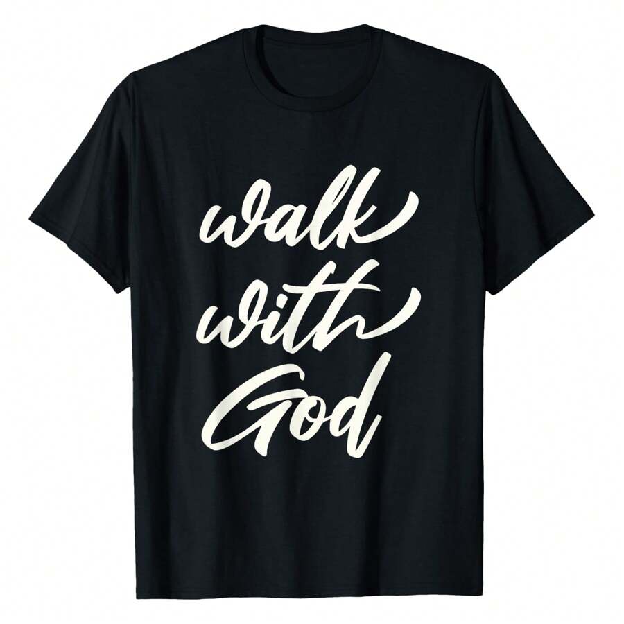 Walk With God Inspirational Christian Quote T-Shirt Women's Plus Size Graphic Tee - màu đen - Xem 1