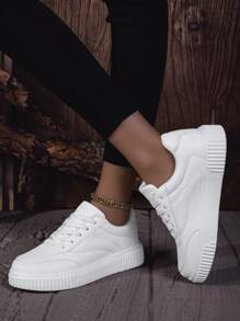 女士白色休闲运动鞋，时尚系带防滑软底滑板鞋，多功能低帮运动训练鞋 - 白色 - 查看 4