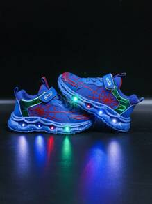 时尚 LED 发光蜘蛛网透气运动鞋，适合男孩和女孩 - 休闲、减震、四季防滑户外跑步和步行鞋 - 藍色 - 查看 2