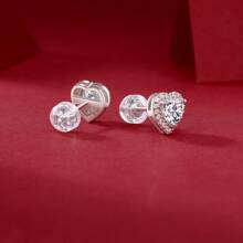 2 件奢华莫桑石心形耳钉，适合女性日常佩戴、派对、节日、情人节、感恩节、周年纪念、嘻哈珠宝礼物 - 銀色 - 查看 4