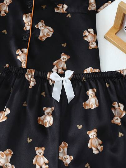 Bear Print Women Poplin Short Sleeve Shorts Pajama Set view 4