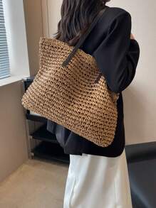 1 Pc New And Casual Summer Vacation Style With A Large Capacity Foldable Solid Color Woven Tote Bag For Women's Beach Bags Suitable For Outdoor Leisure Vacation&Seaside Travel&Tourism And Shopping - Khaki - View 5