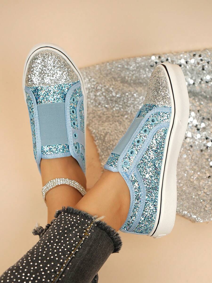 女士休闲圆头平底帆布便鞋，彩色闪光设计，舒适低帮，时尚百搭