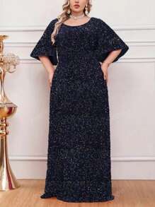 Plus Elegant Sequin Dress With Round Neck And Half Sleeves For Evening Parties, Sequin Formal Dress, Party Dress, Wedding Guest Dress, For Cocktail