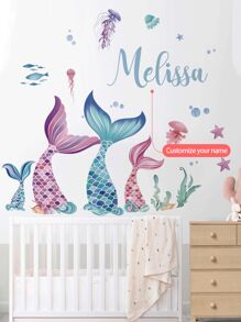 [Aangepaste kinderkamerdecoratie] Gepersonaliseerde muursticker met cartoon zeedieren + aangepaste babynaam als herdenkingssticker, geschikt voor kinderkamer, verjaardag, babyshower, kleuterschooldecoratie (verwijderbare sticker)
