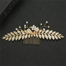 1pc Retro Metalen Blad Haar Kam, Handgemaakte Parel Haaraccessoires, Bruids Haardecoratie