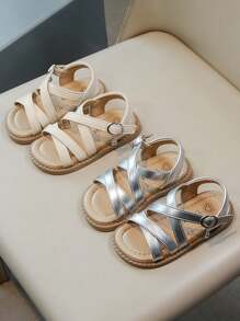 1 双条纹设计露趾柔软舒适海滩度假凉鞋，适合小女孩，简约时尚公主平底鞋