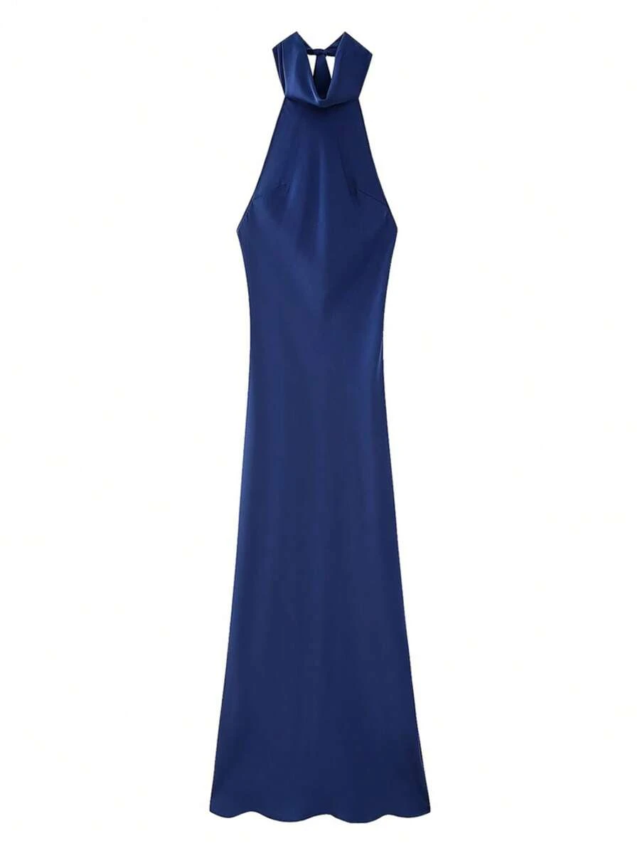 Silk-Like Halter Neck Dress DS00989CC - Blue - View 1