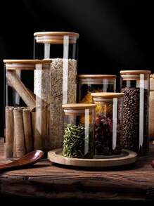 家用玻璃储物罐带竹木盖，直筒玻璃罐，用于谷物、干粮、茶叶，密封、防潮 - 彩色 - 查看 6